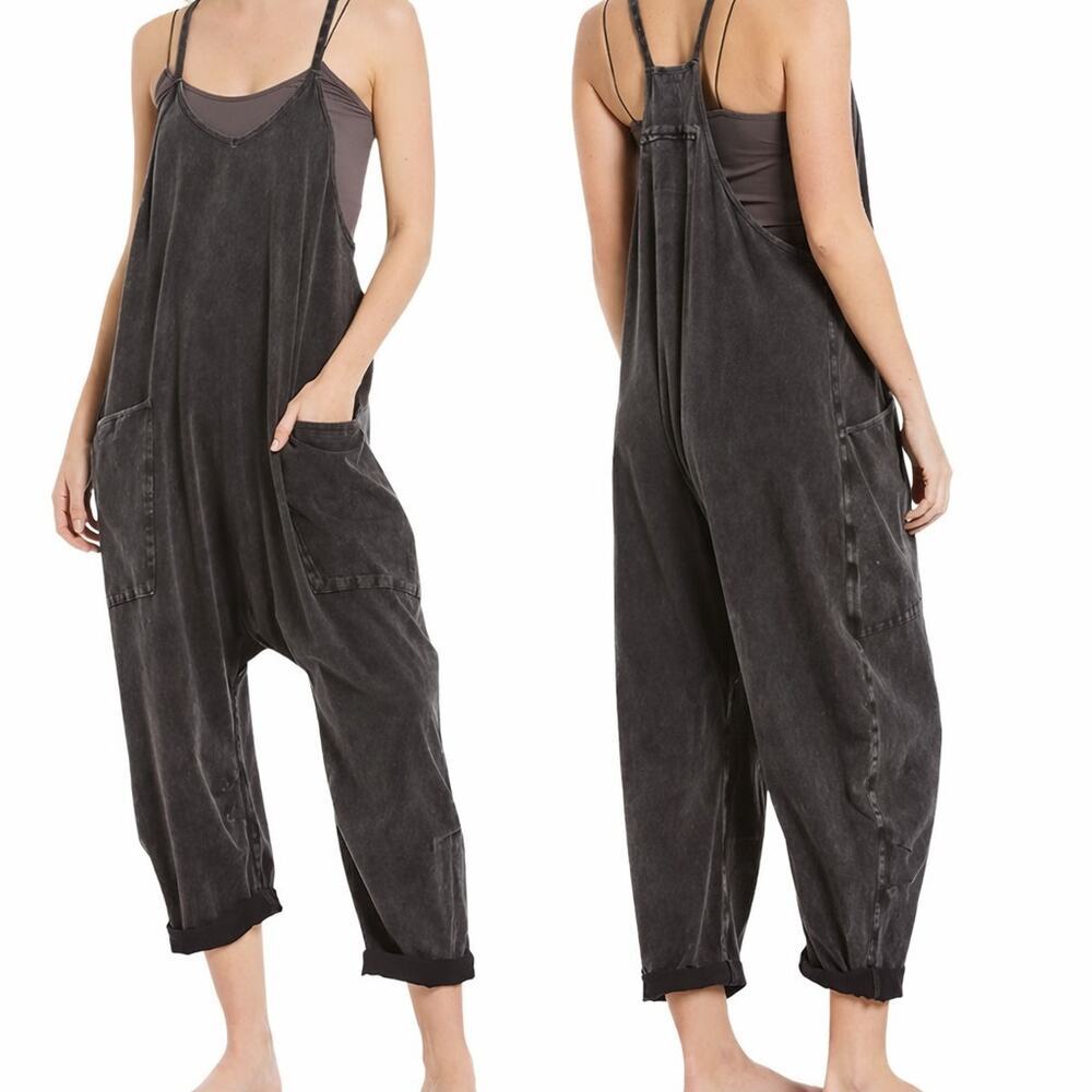 Free People FP Movement Hot Shot Jumpsuit Black Mineral Wash Oversized S